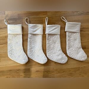 Set of 4 Tahari Christmas Stocking Embroidered Poinsettia Beige Cream Ivory